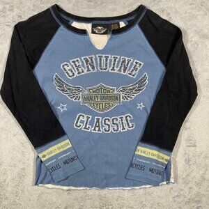 Harley-Davidson Women's Long Sleeve y2k‎ Tee Shirt Size L U.S.A. Rhinestones